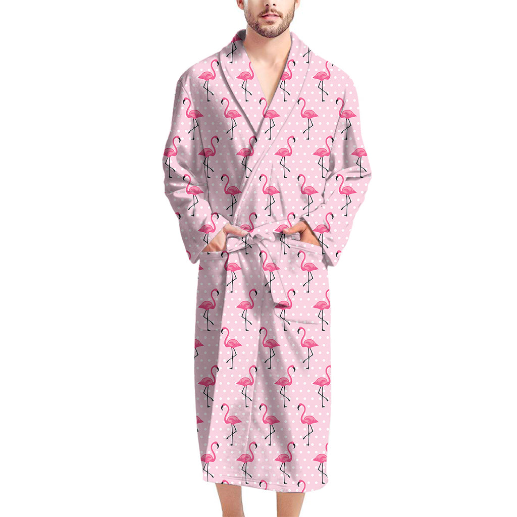 Pink Polka Dot Flamingo Pattern Print Men's Bathrobe