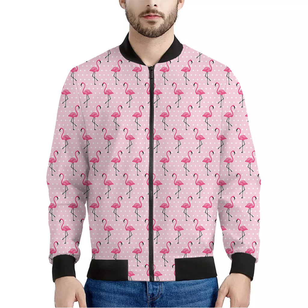 Pink Polka Dot Flamingo Pattern Print Men's Bomber Jacket