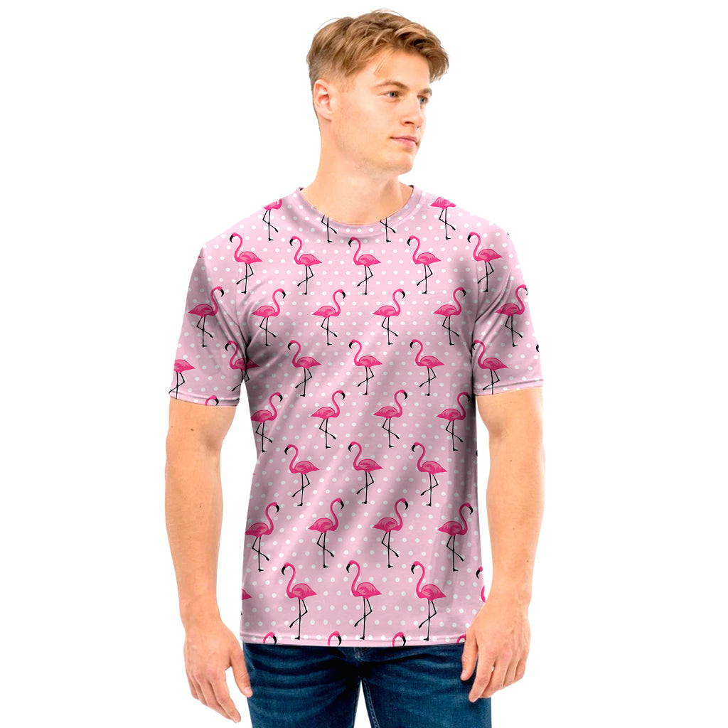 Pink Polka Dot Flamingo Pattern Print Men's T-Shirt