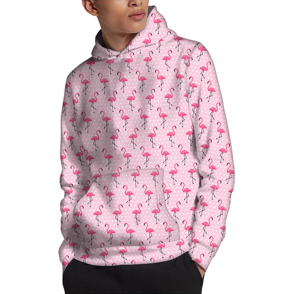 Pink Polka Dot Flamingo Pattern Print Pullover Hoodie