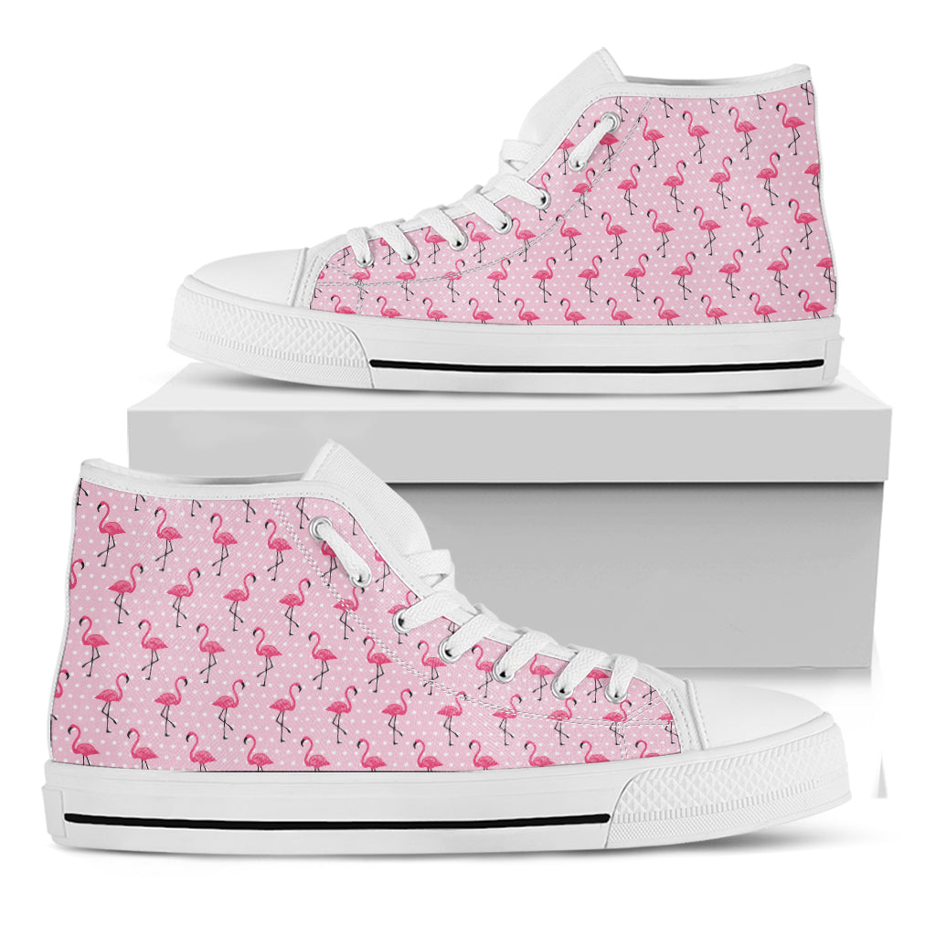 Pink Polka Dot Flamingo Pattern Print White High Top Shoes