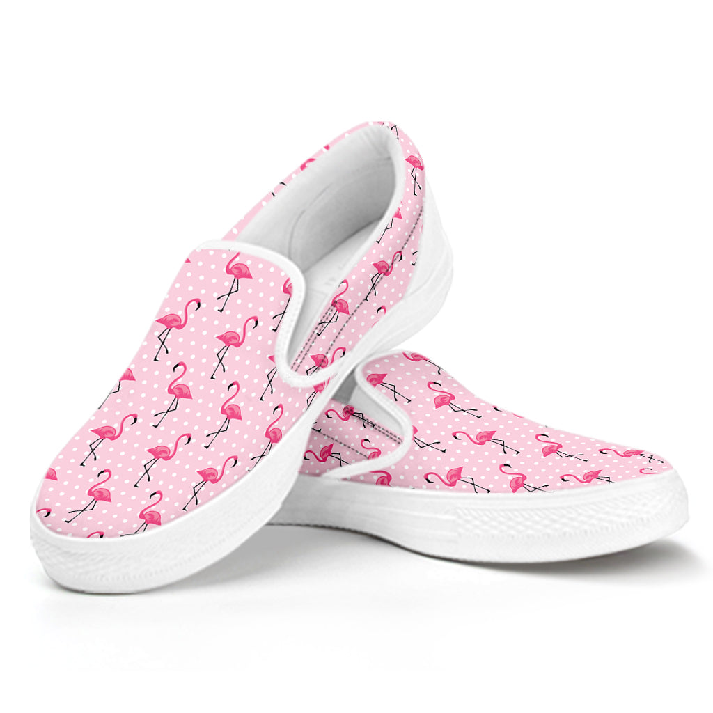 Pink Polka Dot Flamingo Pattern Print White Slip On Shoes