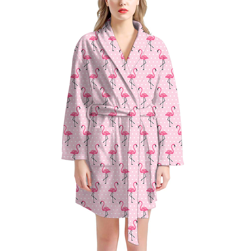 Pink Polka Dot Flamingo Pattern Print Women's Bathrobe