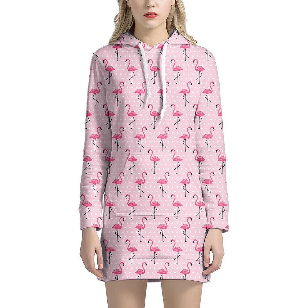 Pink Polka Dot Flamingo Pattern Print Women's Pullover Hoodie Dress