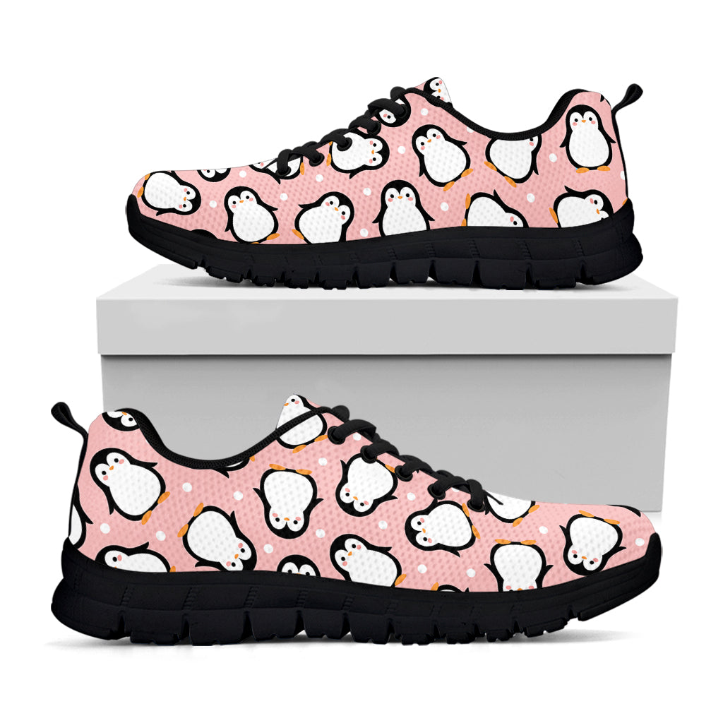 Pink Polka Dot Penguin Pattern Print Black Sneakers