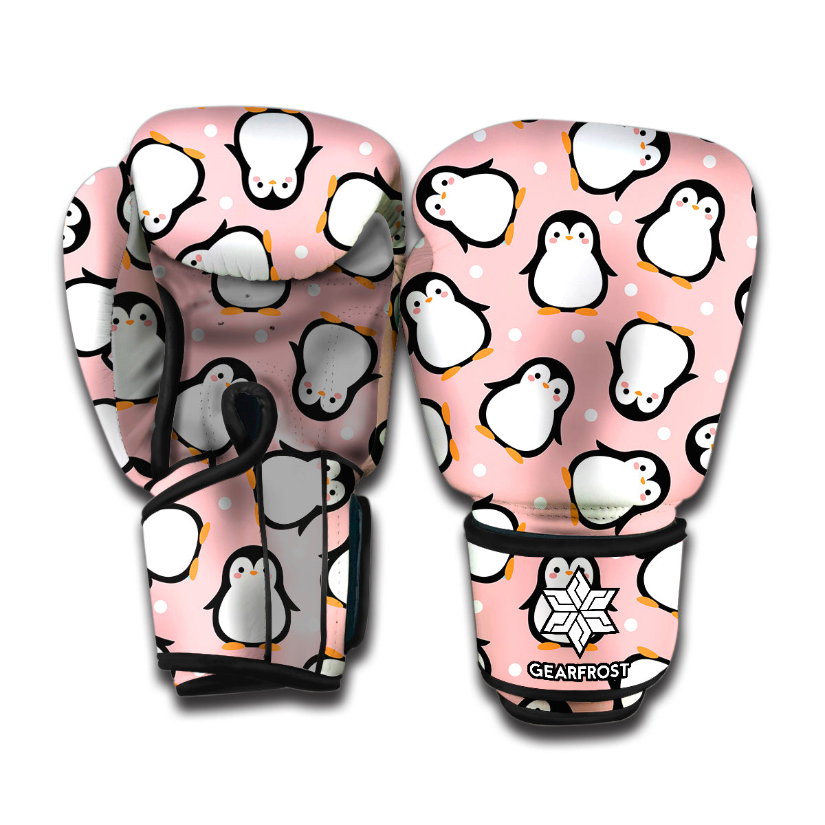 Pink Polka Dot Penguin Pattern Print Boxing Gloves