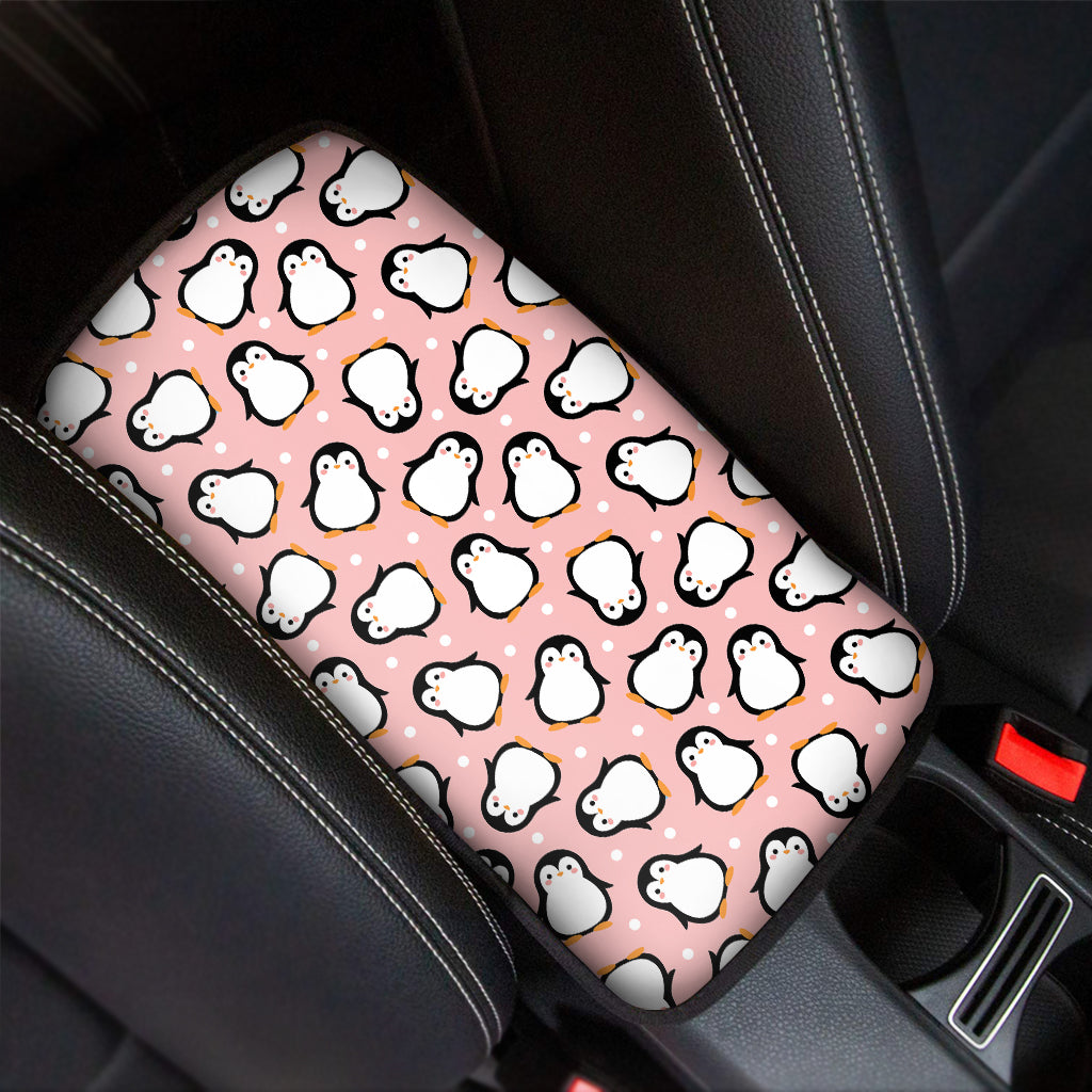 Pink Polka Dot Penguin Pattern Print Car Center Console Cover