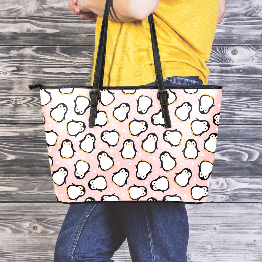 Pink Polka Dot Penguin Pattern Print Leather Tote Bag