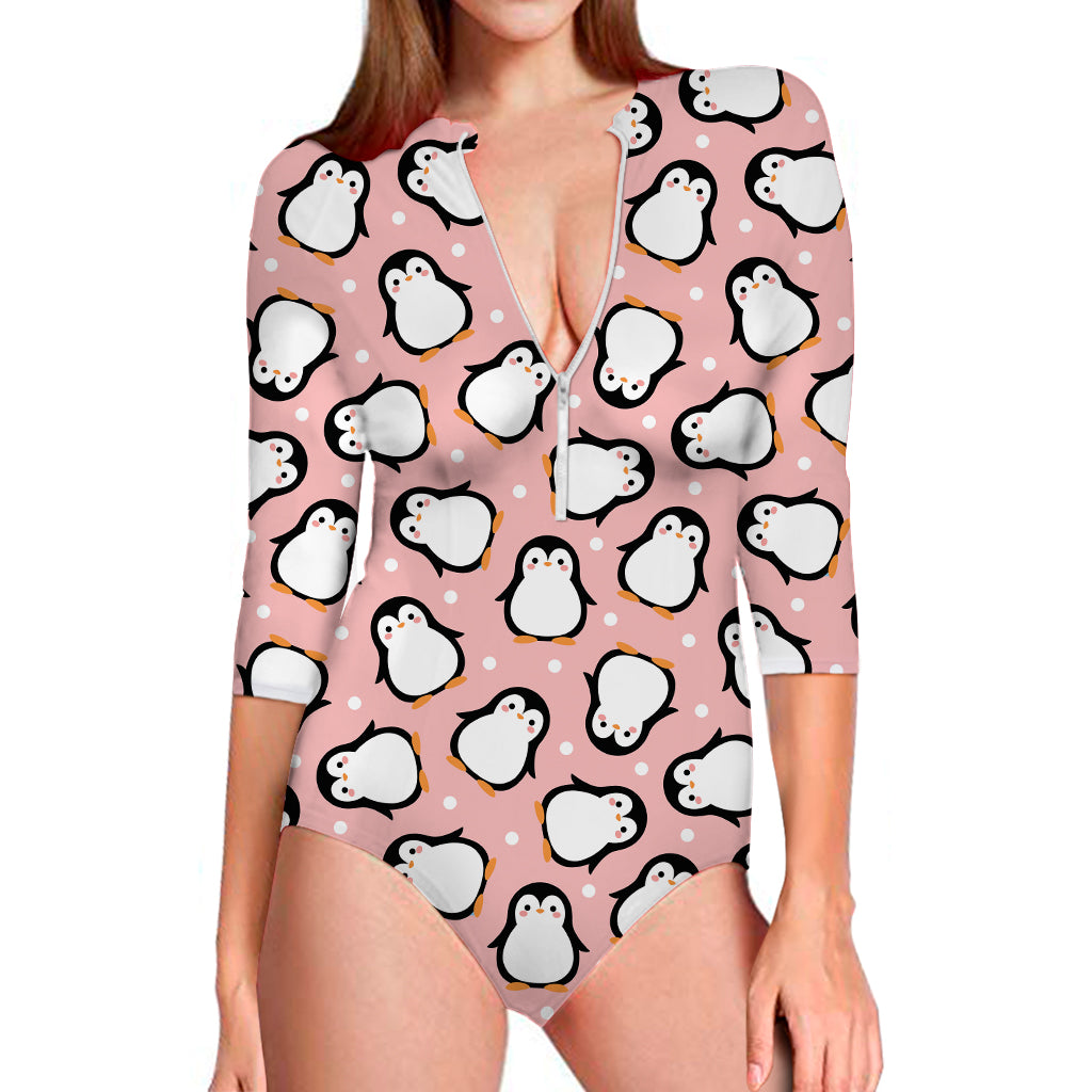 Pink Polka Dot Penguin Pattern Print Long Sleeve One Piece Swimsuit