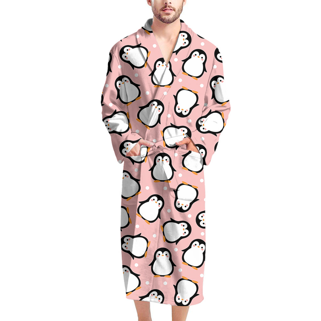 Pink Polka Dot Penguin Pattern Print Men's Bathrobe