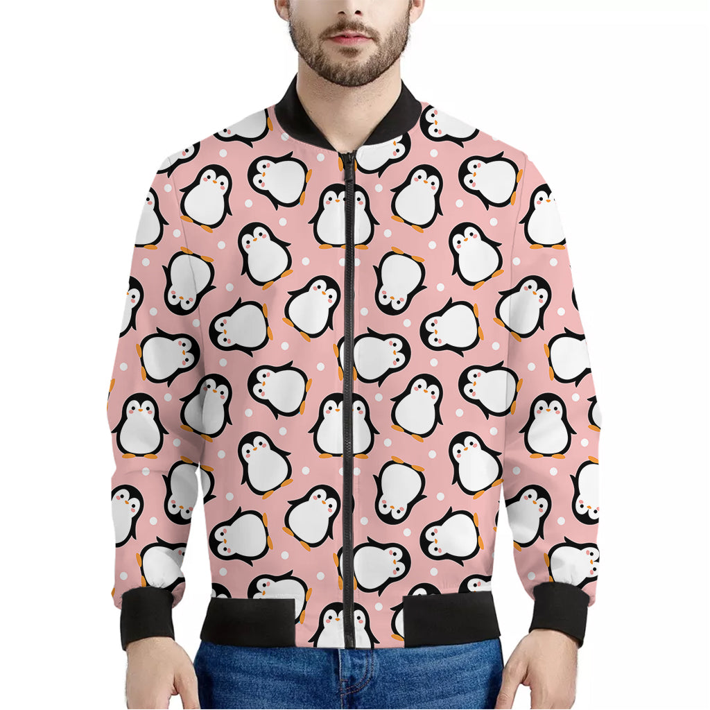 Pink Polka Dot Penguin Pattern Print Men's Bomber Jacket