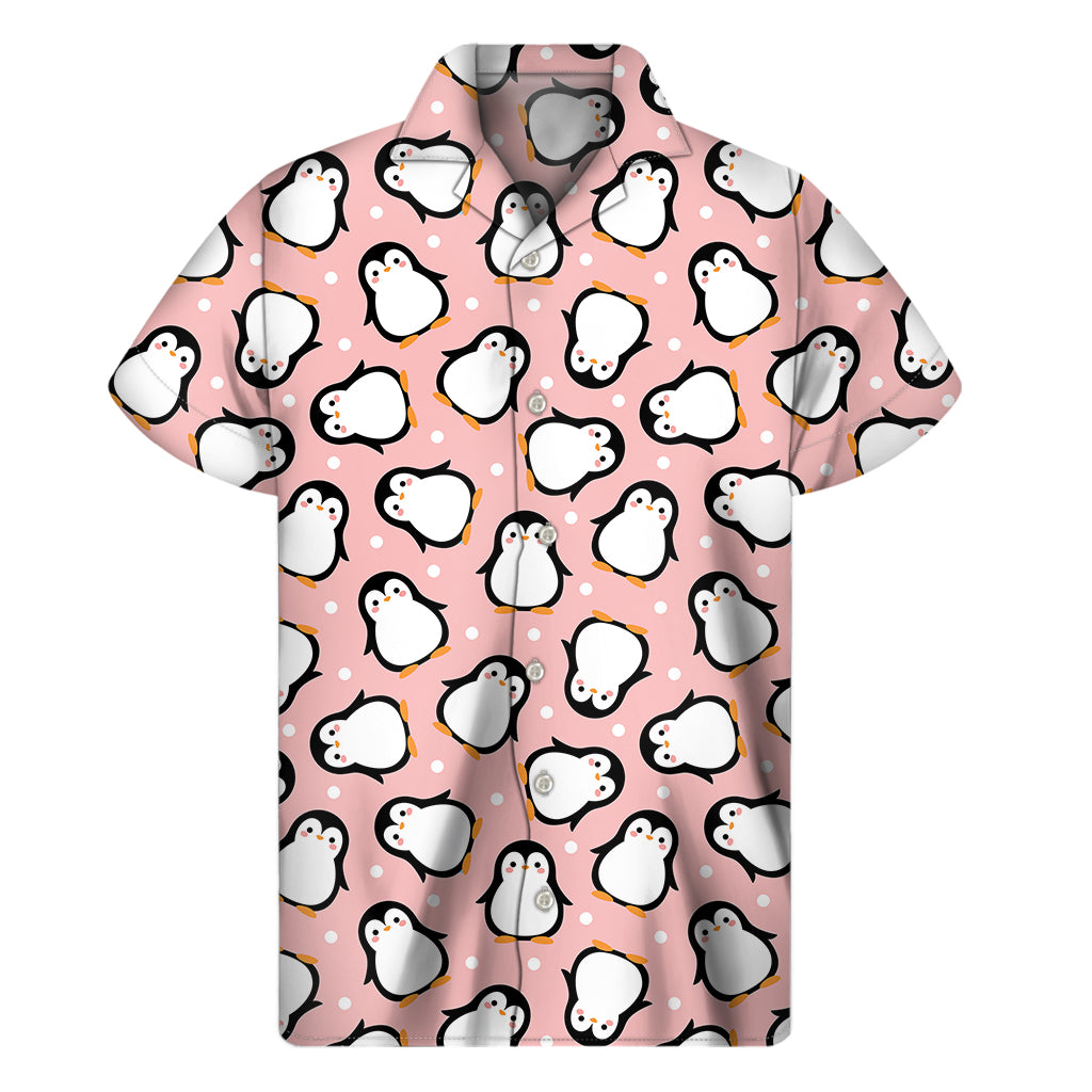 Pink Polka Dot Penguin Pattern Print Men's Short Sleeve Shirt