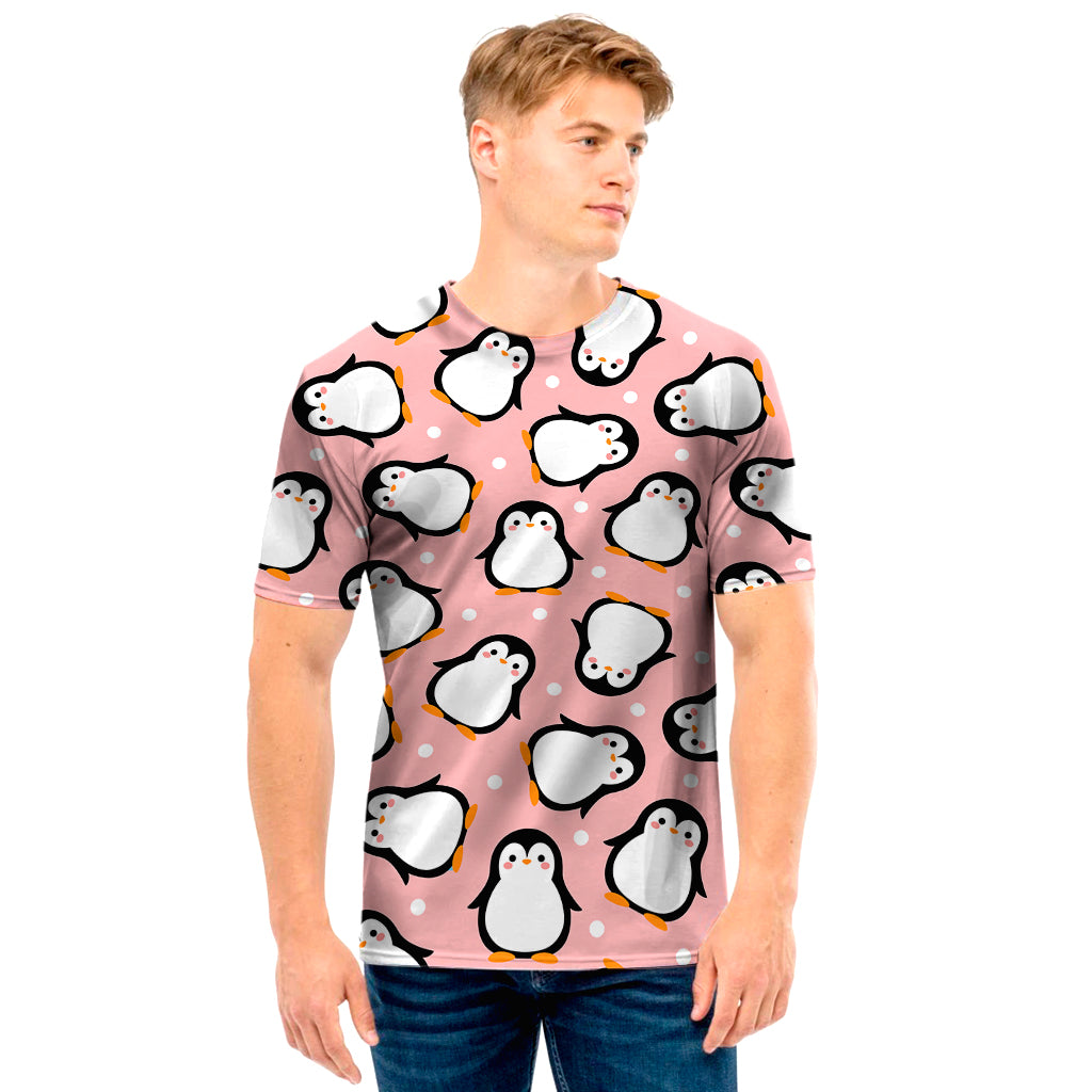 Pink Polka Dot Penguin Pattern Print Men's T-Shirt