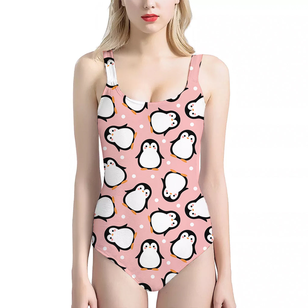 Pink Polka Dot Penguin Pattern Print One Piece Halter Neck Swimsuit