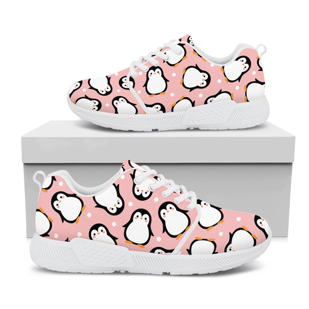 Pink Polka Dot Penguin Pattern Print White Athletic Shoes