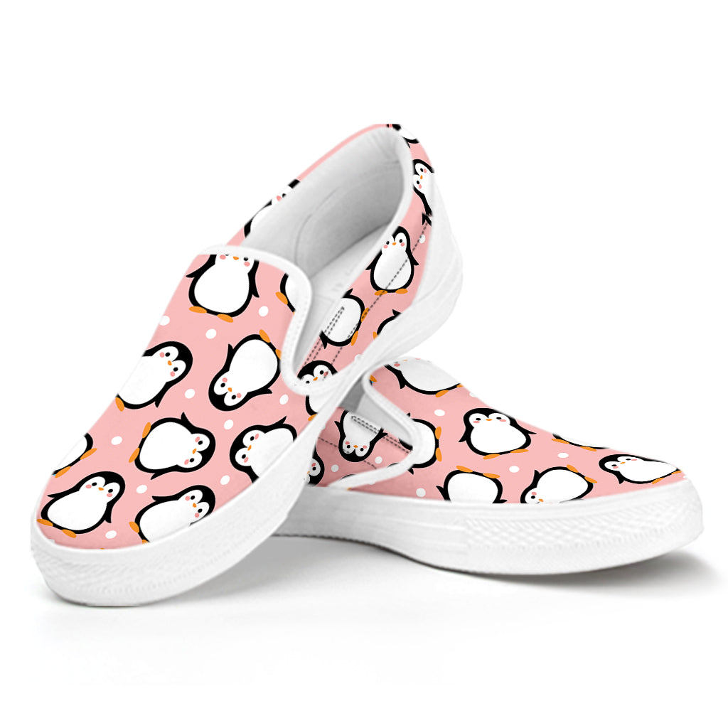 Pink Polka Dot Penguin Pattern Print White Slip On Shoes