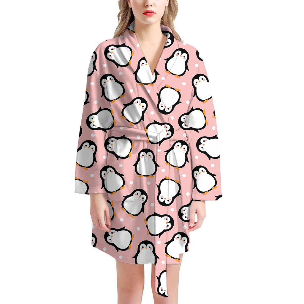 Pink Polka Dot Penguin Pattern Print Women's Bathrobe