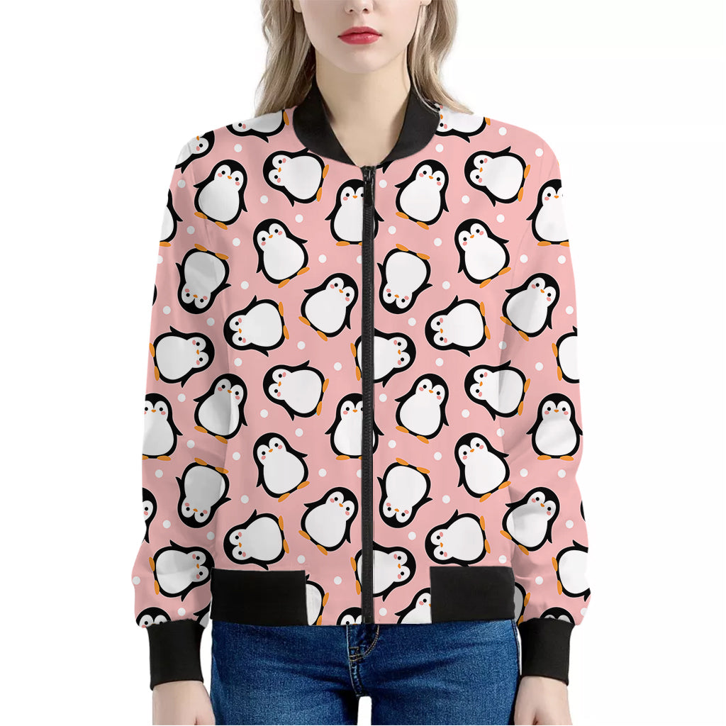 Pink Polka Dot Penguin Pattern Print Women's Bomber Jacket