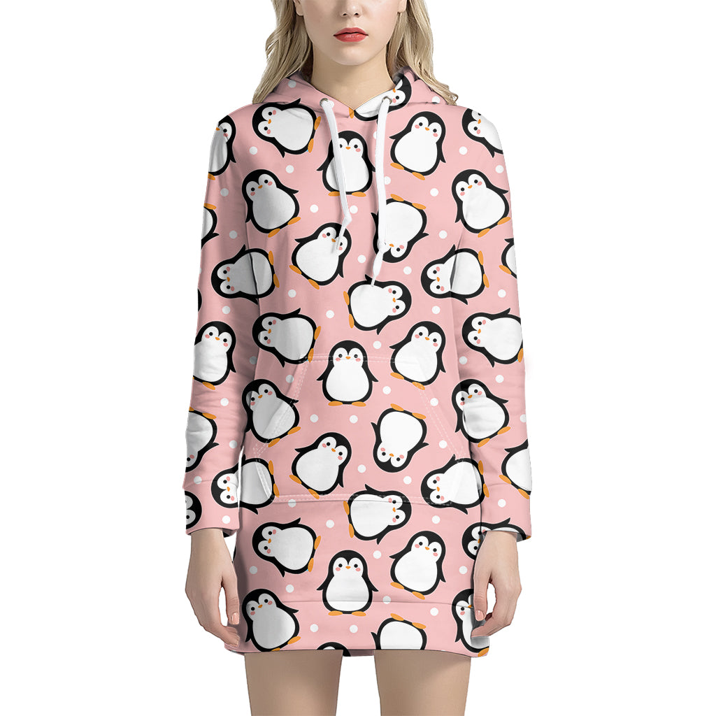 Pink Polka Dot Penguin Pattern Print Women's Pullover Hoodie Dress