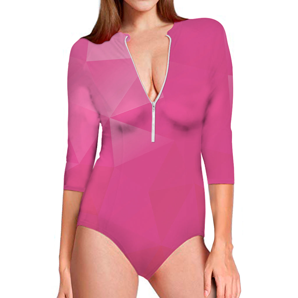 Pink Polygonal Geometric Print Long Sleeve One Piece Swimsuit