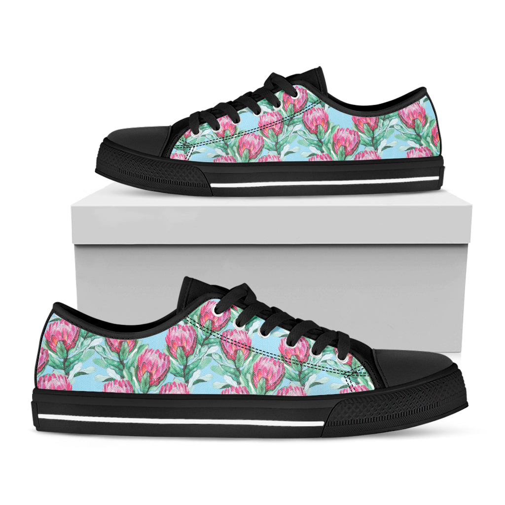 Pink Protea Pattern Print Black Low Top Shoes