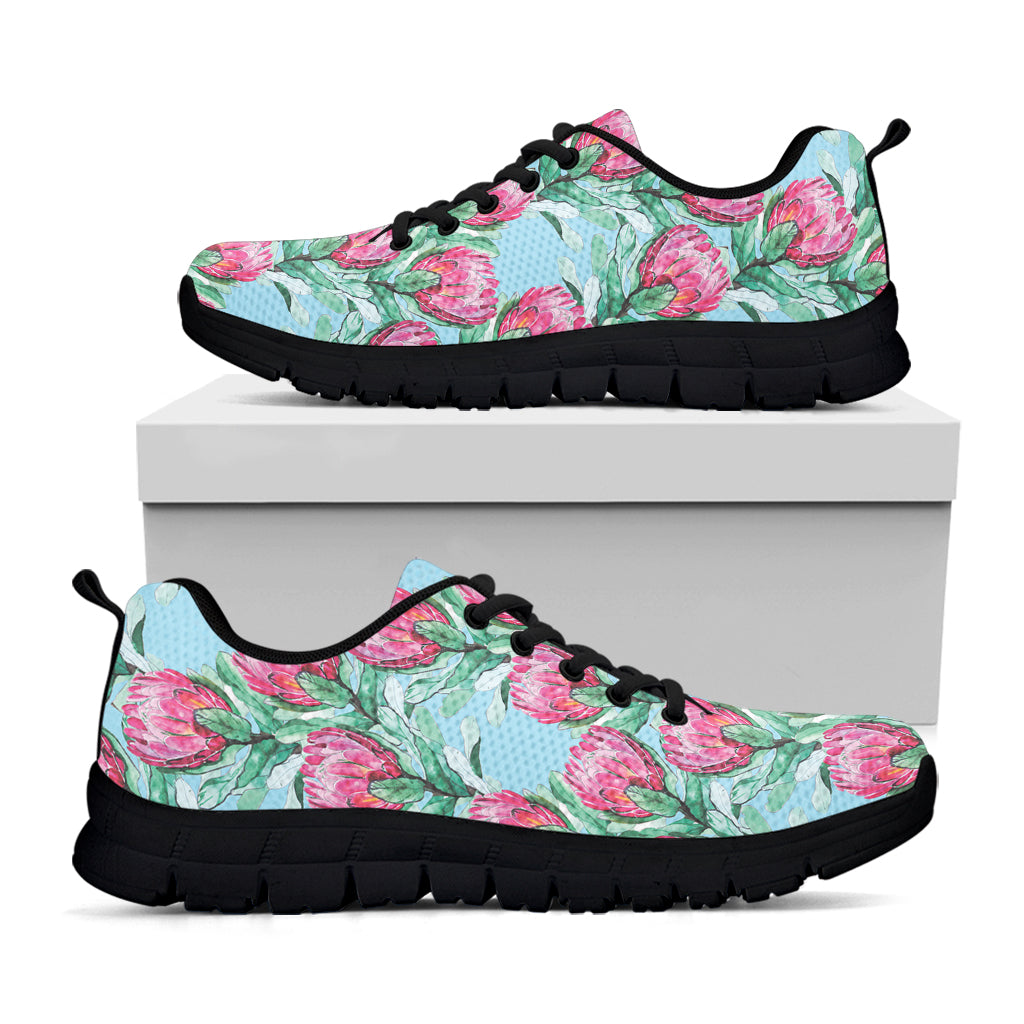 Pink Protea Pattern Print Black Sneakers