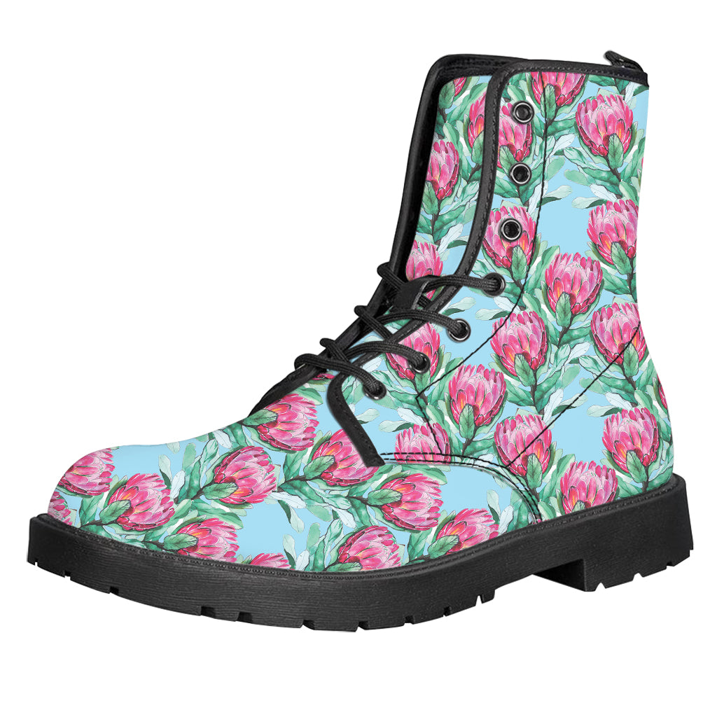 Pink Protea Pattern Print Leather Boots