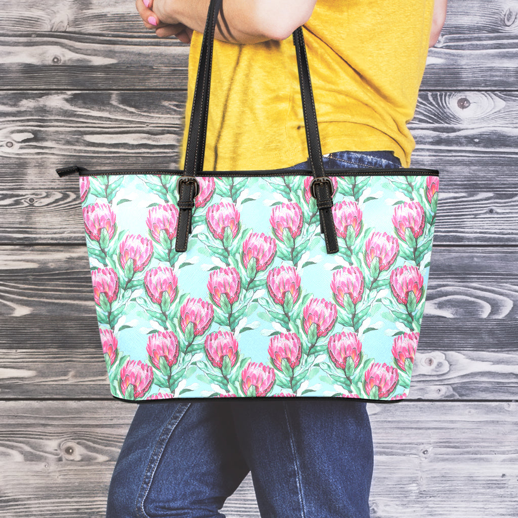 Pink Protea Pattern Print Leather Tote Bag