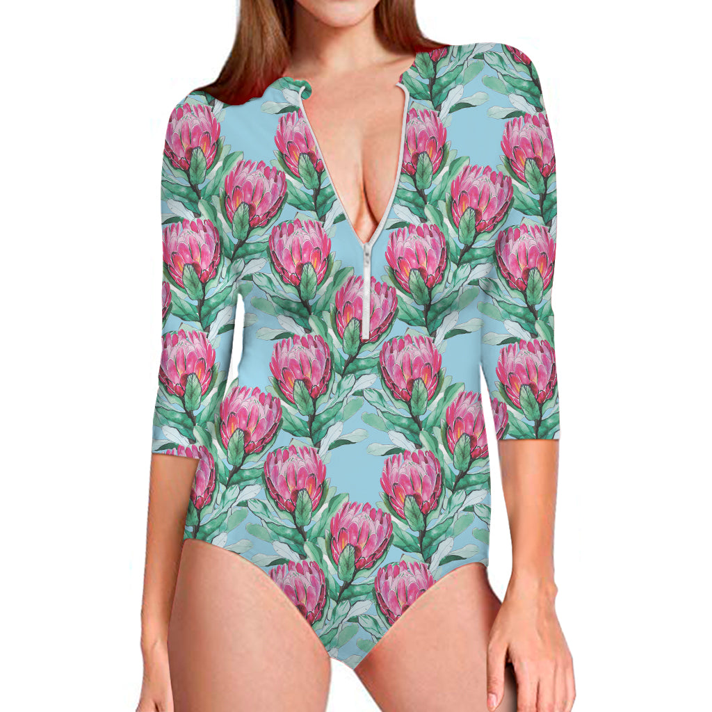 Pink Protea Pattern Print Long Sleeve One Piece Swimsuit