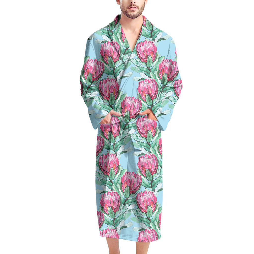 Pink Protea Pattern Print Men's Bathrobe