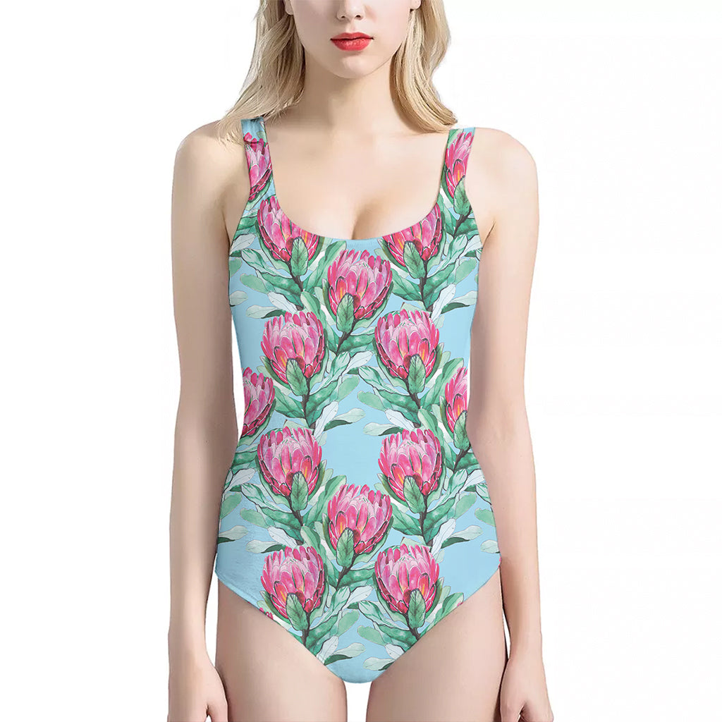 Pink Protea Pattern Print One Piece Halter Neck Swimsuit