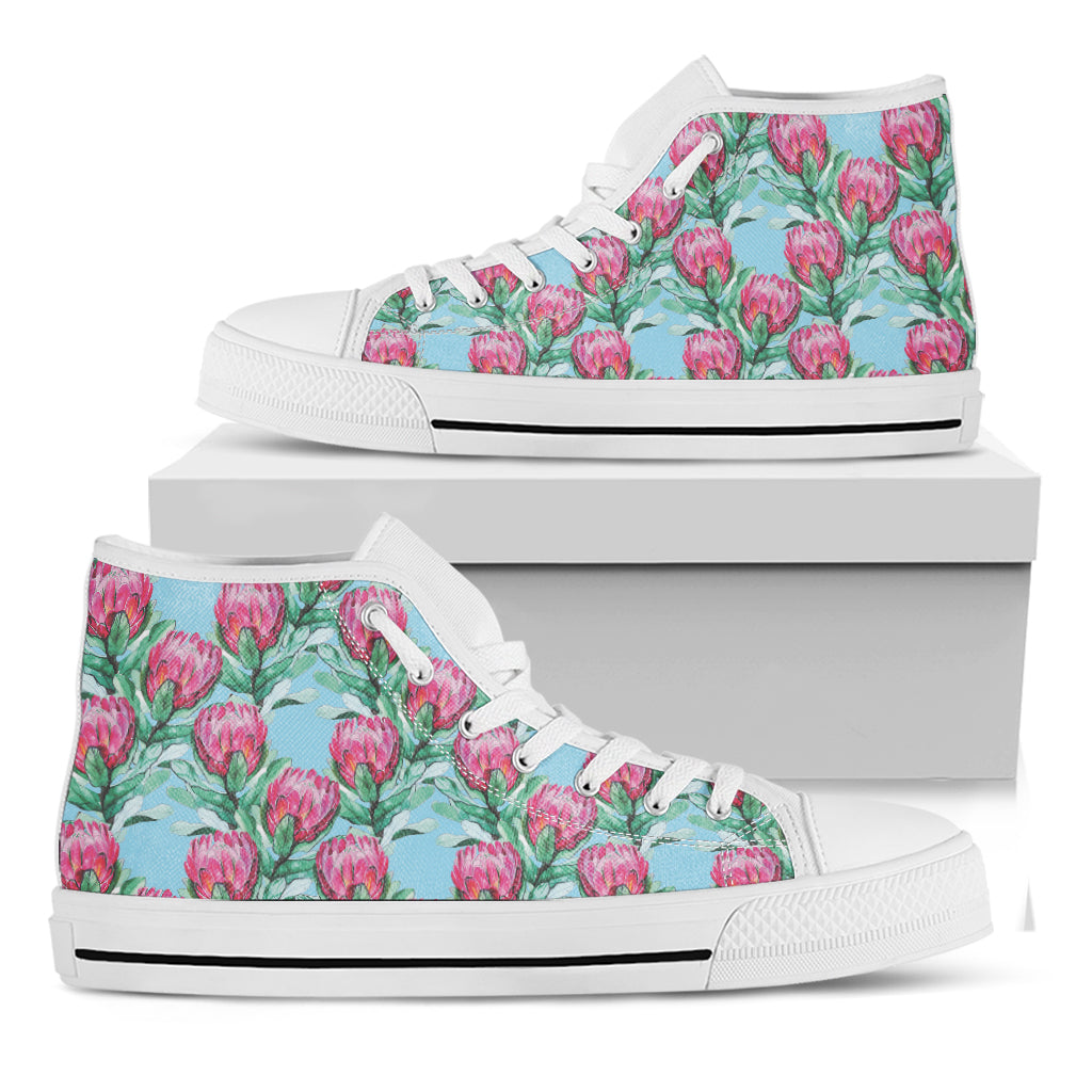 Pink Protea Pattern Print White High Top Shoes