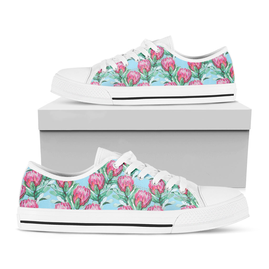 Pink Protea Pattern Print White Low Top Shoes