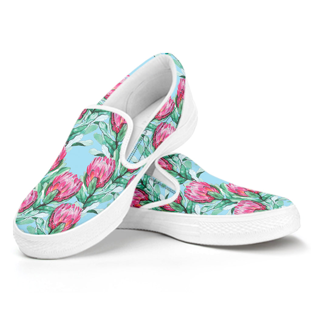 Pink Protea Pattern Print White Slip On Shoes