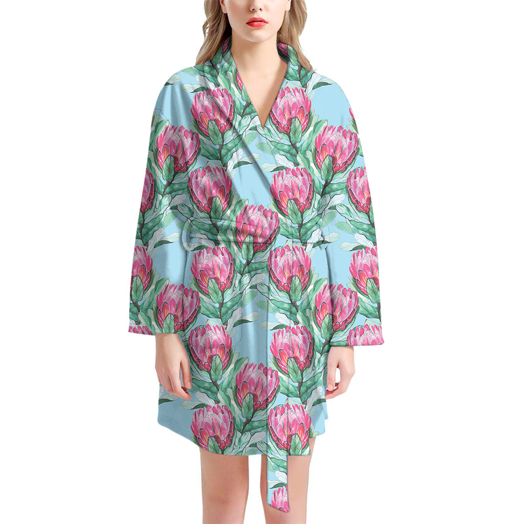 Pink Protea Pattern Print Women's Bathrobe