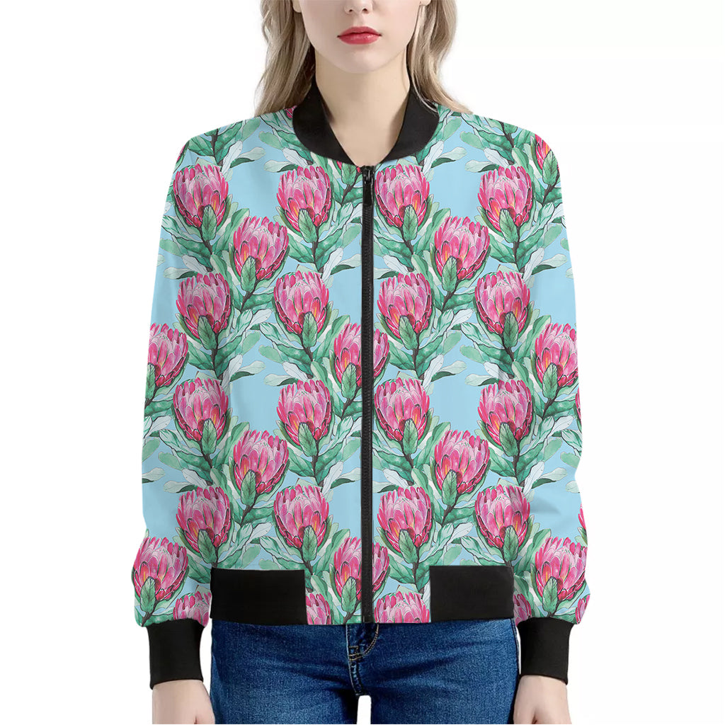 Pink Protea Pattern Print Women's Bomber Jacket