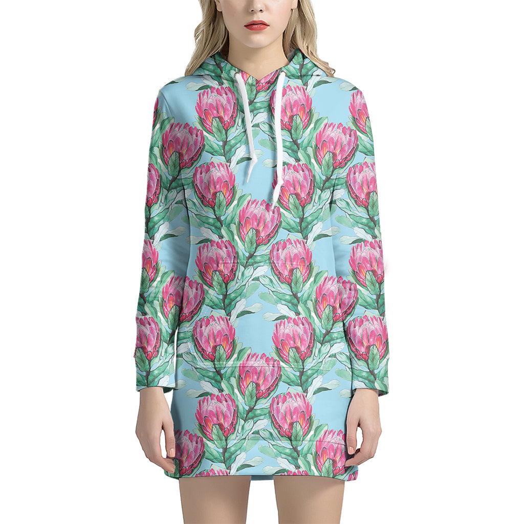 Pink Protea Pattern Print Women's Pullover Hoodie Dress