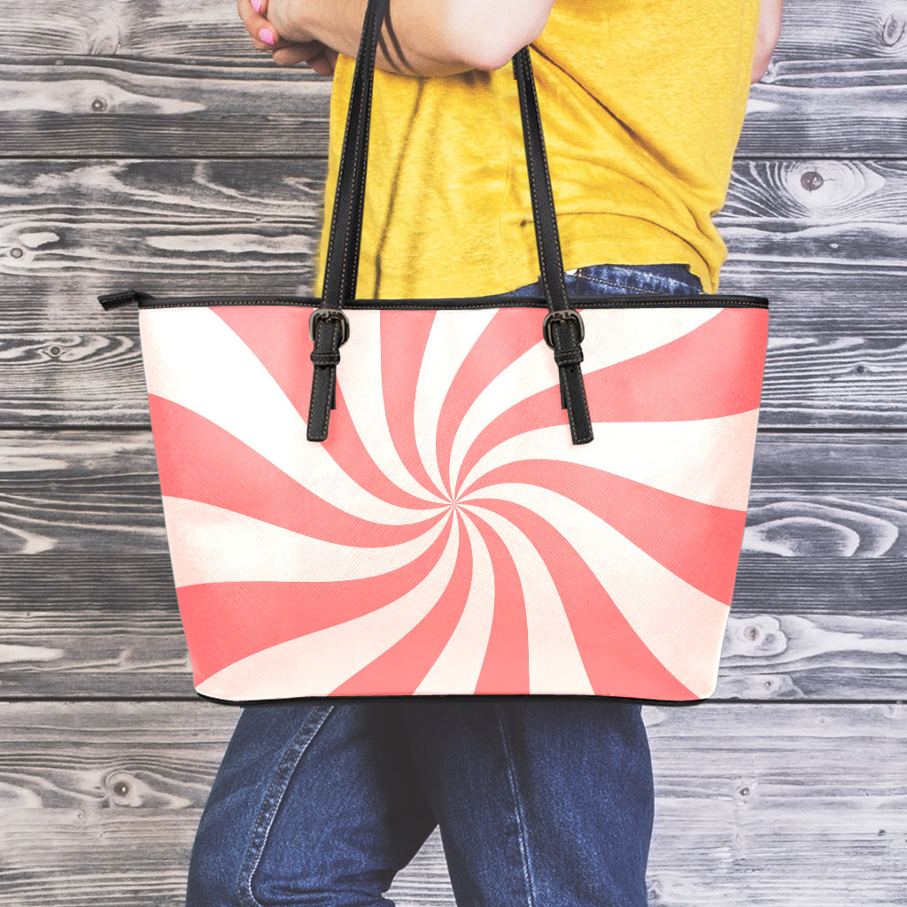 Pink Psychedelic Swirl Print Leather Tote Bag