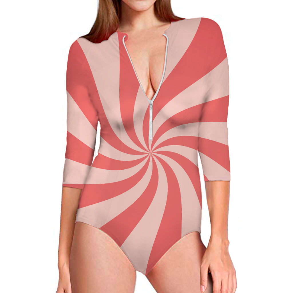 Pink Psychedelic Swirl Print Long Sleeve One Piece Swimsuit