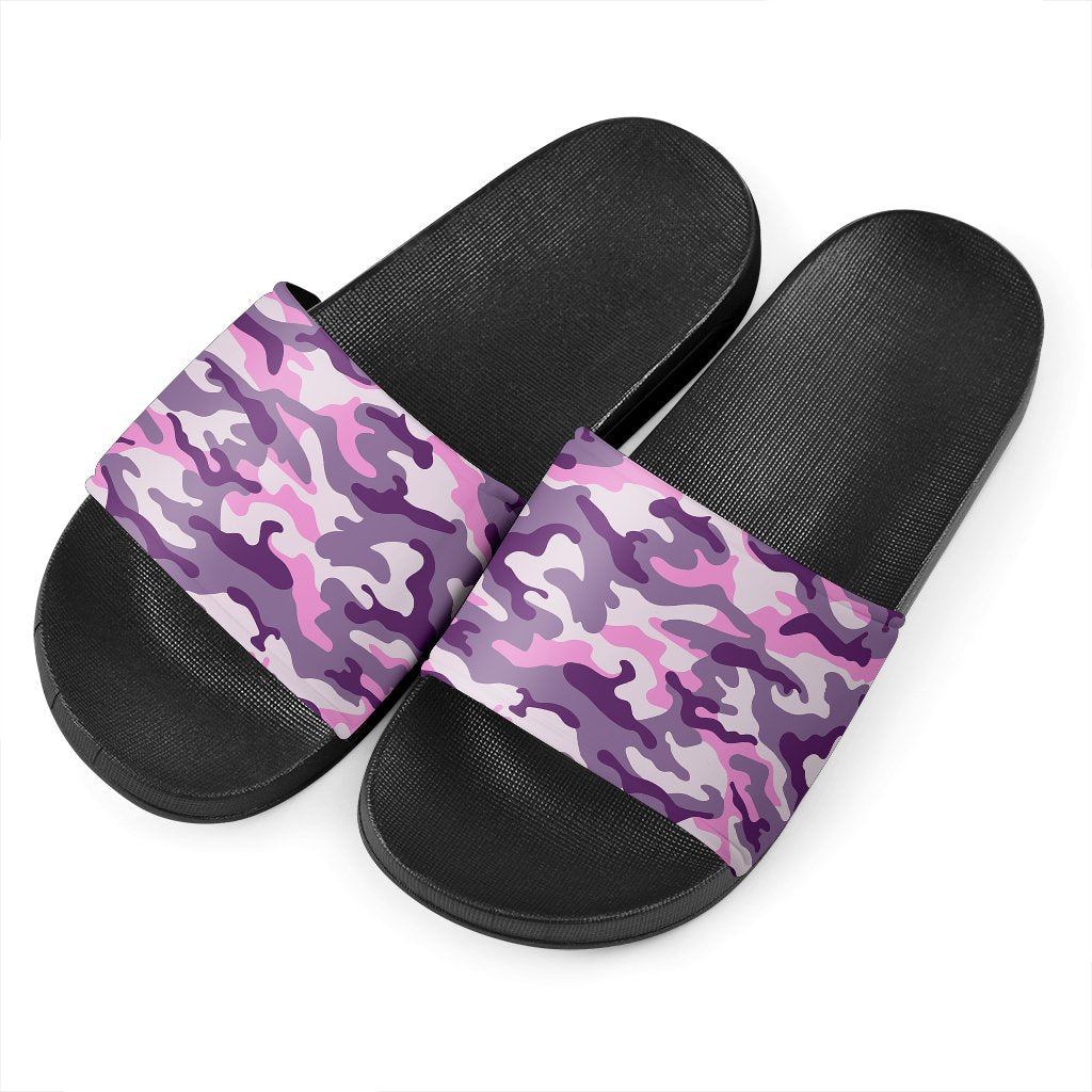 Pink Purple And Grey Camouflage Print Black Slide Sandals