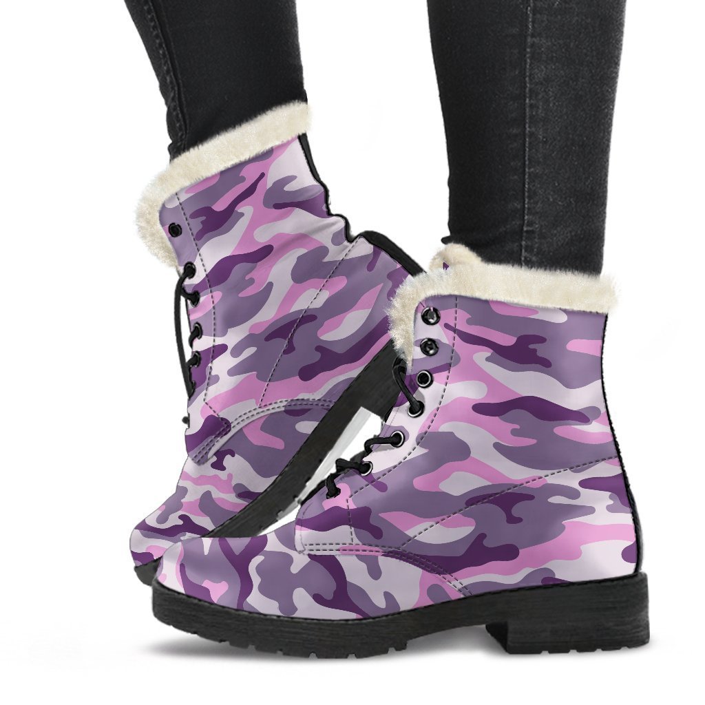 Pink Purple And Grey Camouflage Print Faux Fur Leather Boots