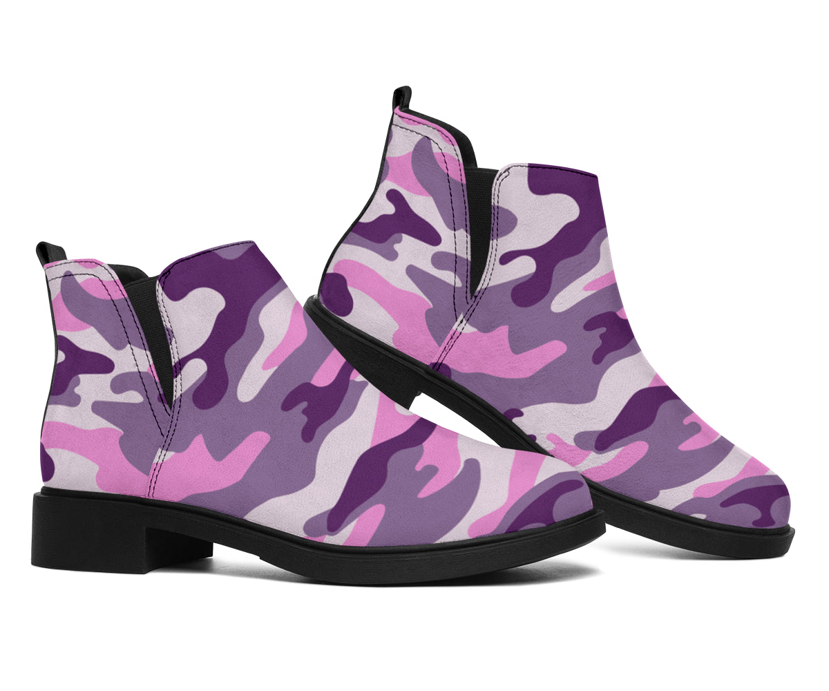 Pink Purple And Grey Camouflage Print Flat Ankle Boots