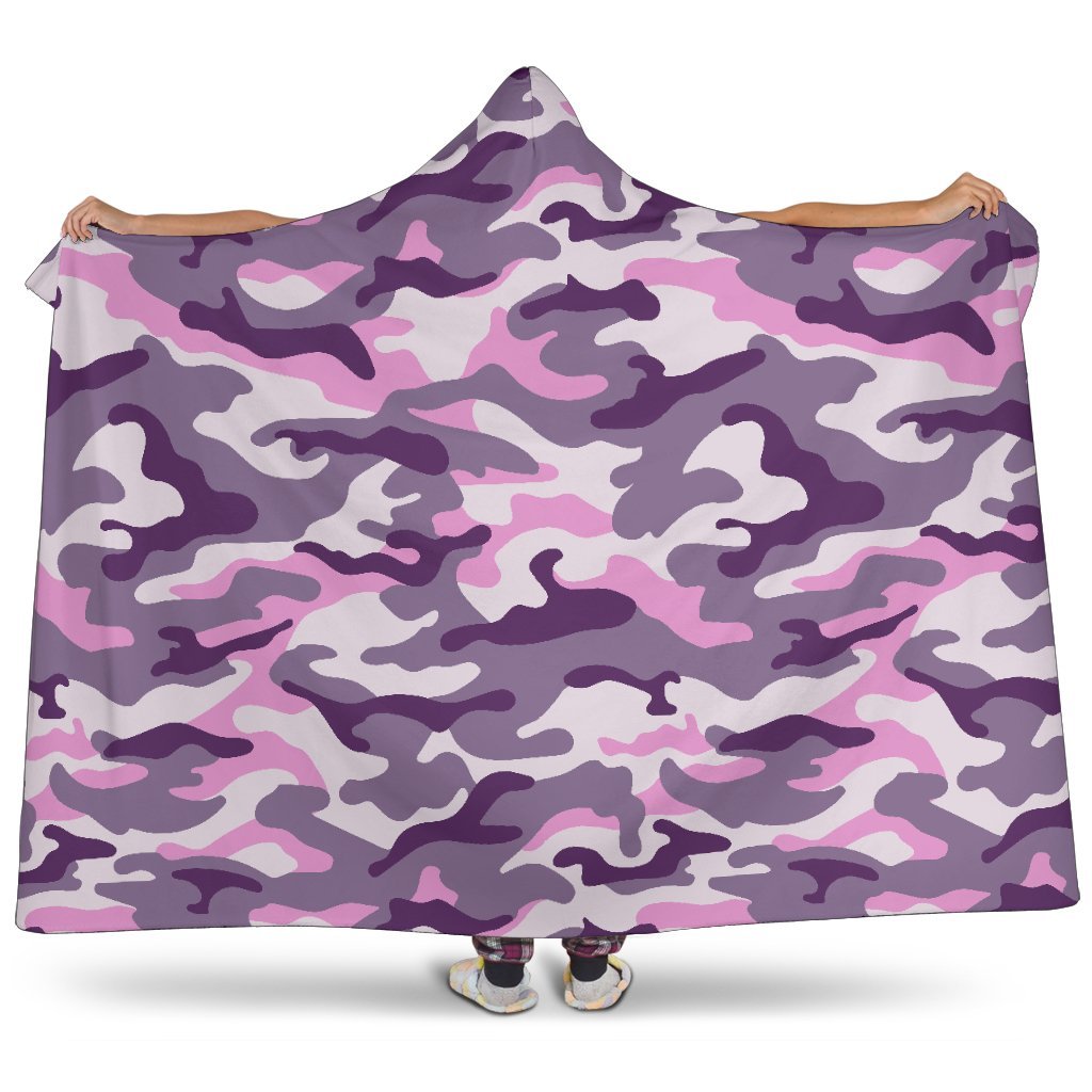 Pink Purple And Grey Camouflage Print Hooded Blanket