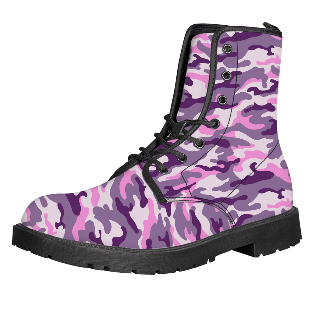 Pink Purple And Grey Camouflage Print Leather Boots