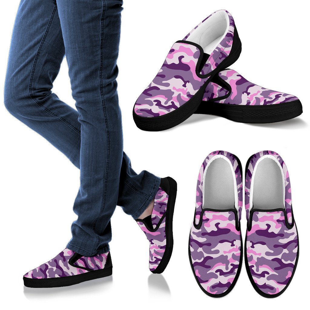 Pink Purple And Grey Camouflage Print Men's Slip On Shoes