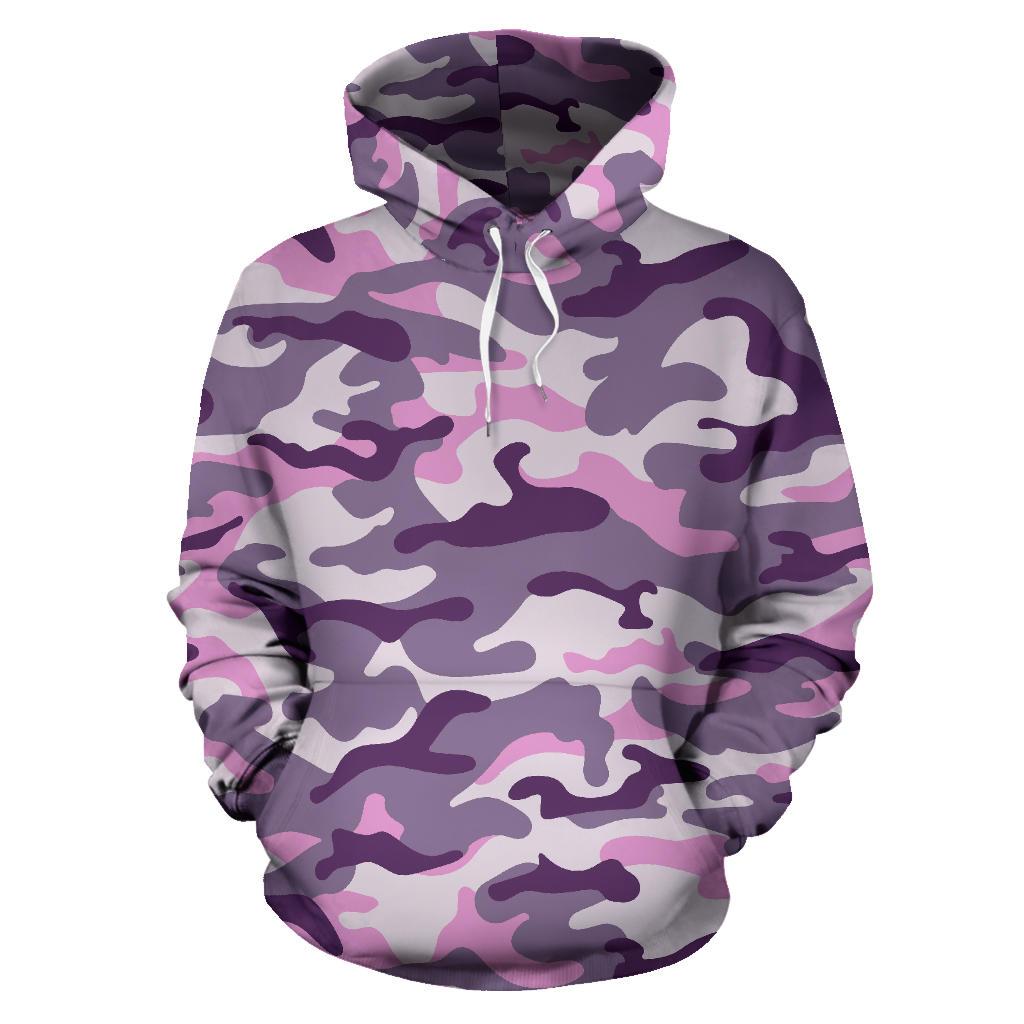 Pink Purple And Grey Camouflage Print Pullover Hoodie