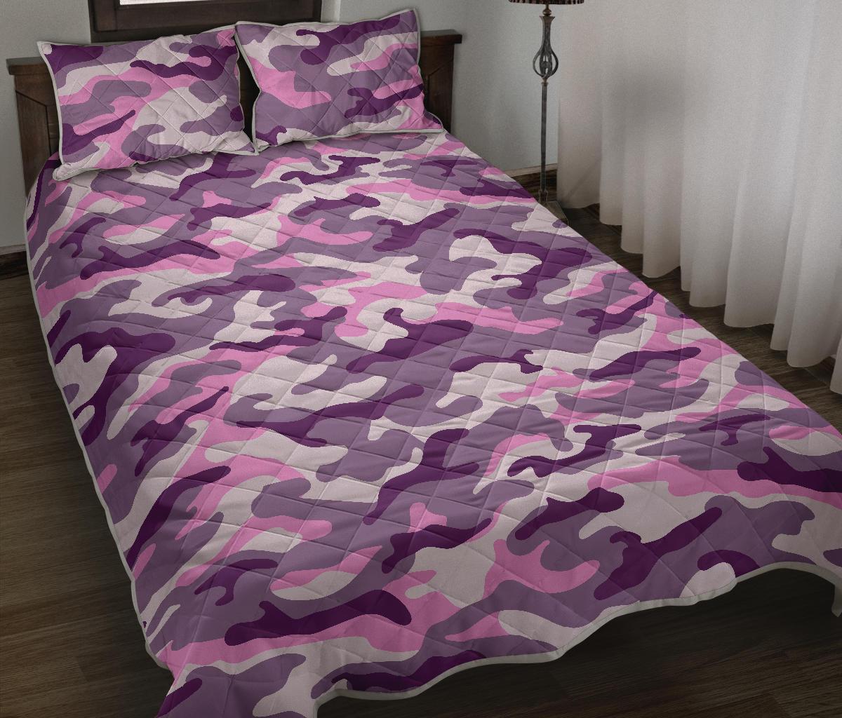 Pink Purple And Grey Camouflage Print Quilt Bed Set