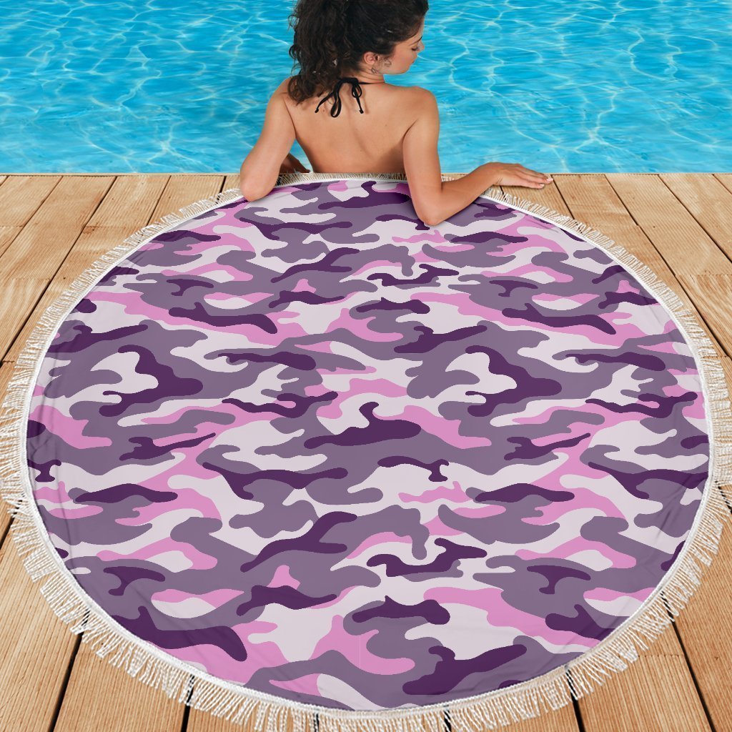 Pink Purple And Grey Camouflage Print Round Beach Blanket