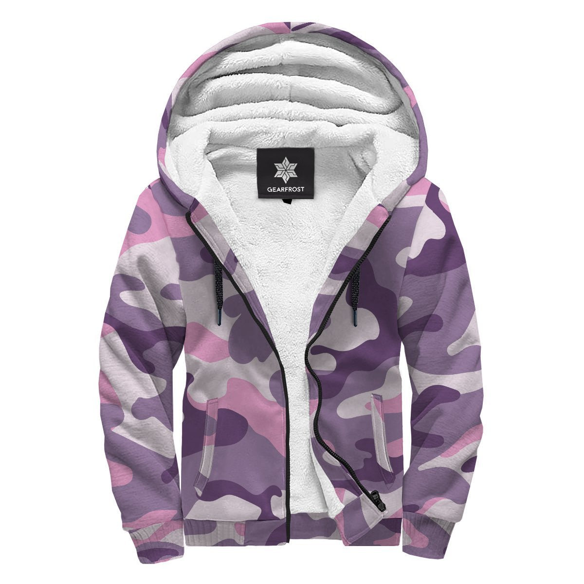 Pink Purple And Grey Camouflage Print Sherpa Lined Fleece Hoodie