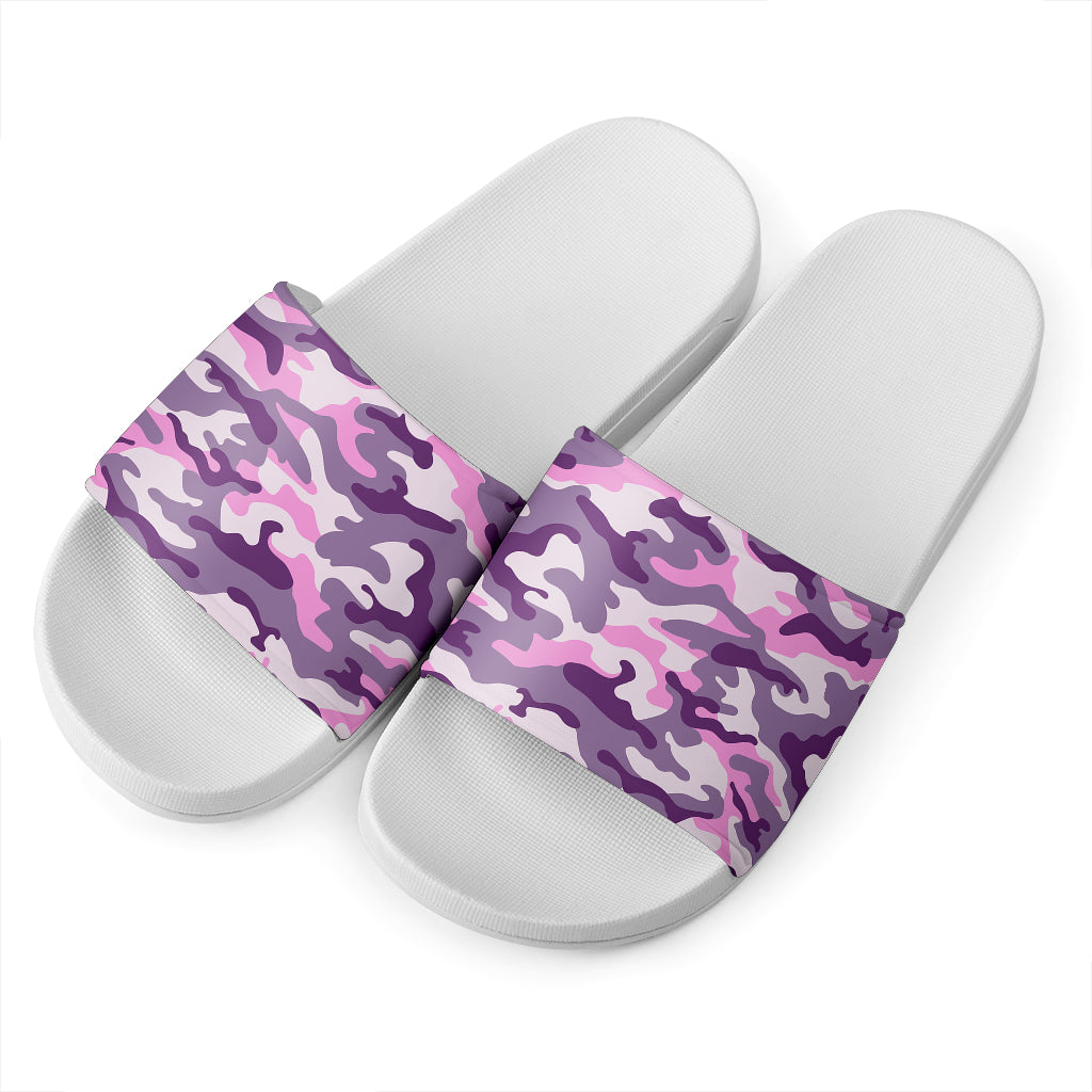 Pink Purple And Grey Camouflage Print White Slide Sandals